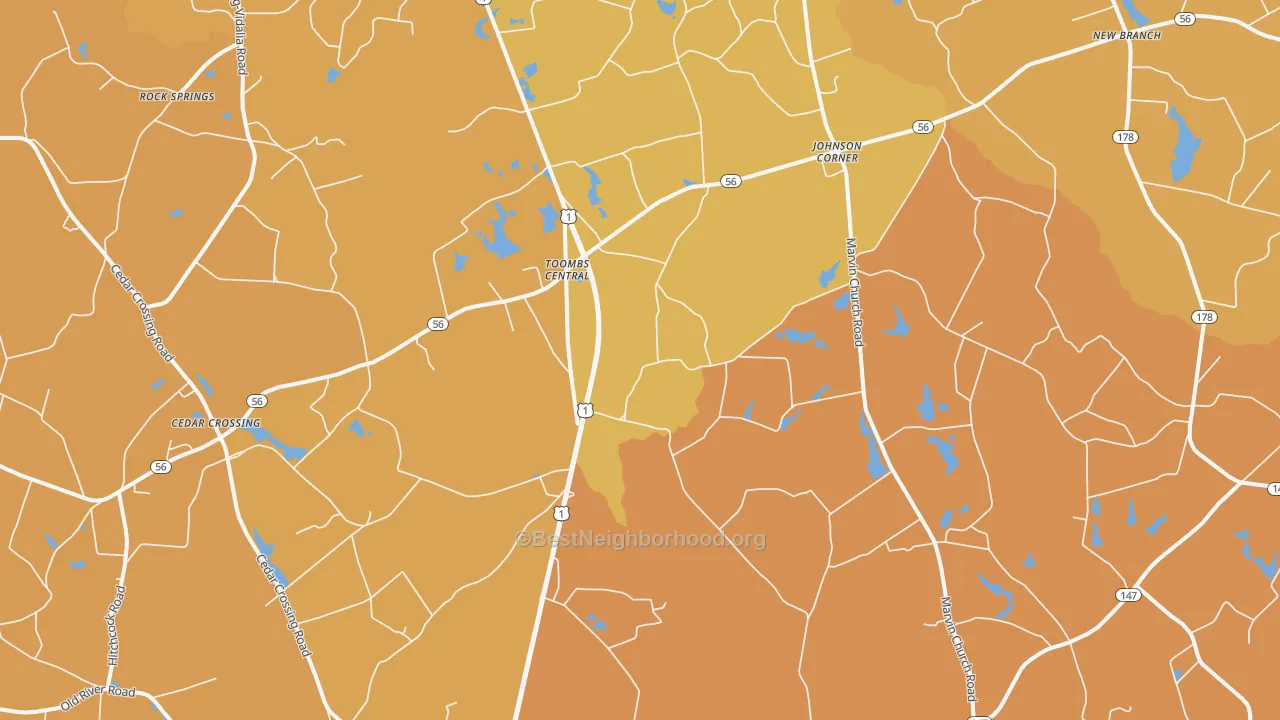 Map of the best neighborhoods in the Johnson Corner area, with better matches in green and worse matches in red