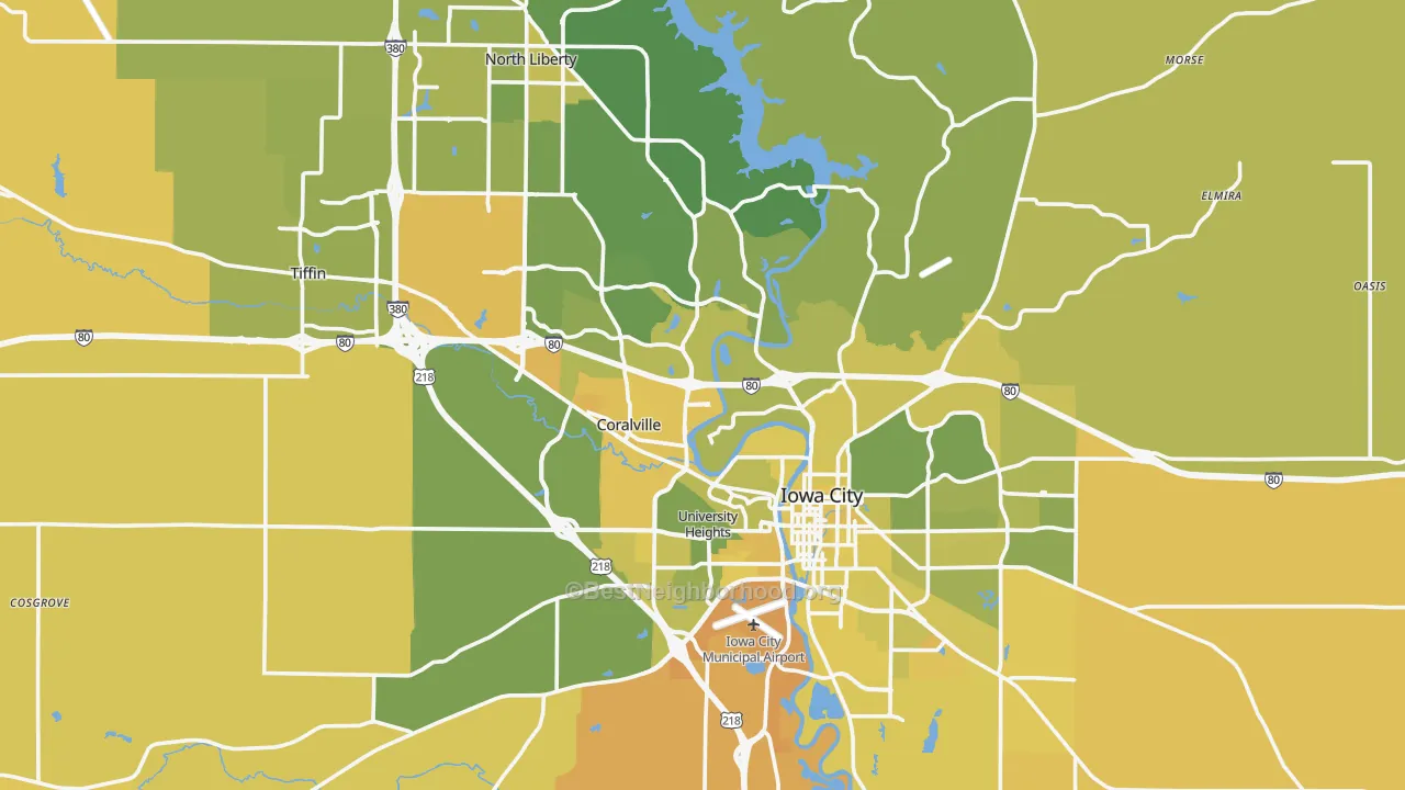 Map of the best neighborhoods in the Johnson County area, with better matches in green and worse matches in red