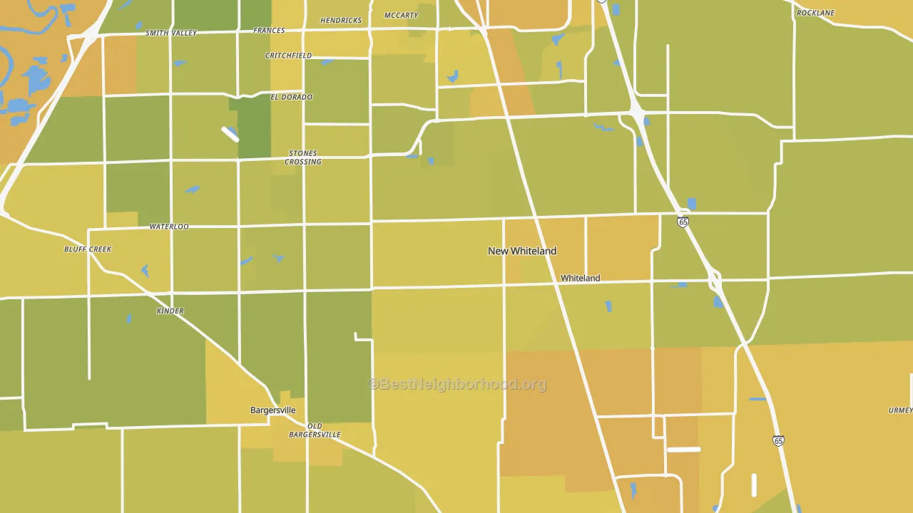 Map of the best neighborhoods in the Johnson County area, with better matches in green and worse matches in red
