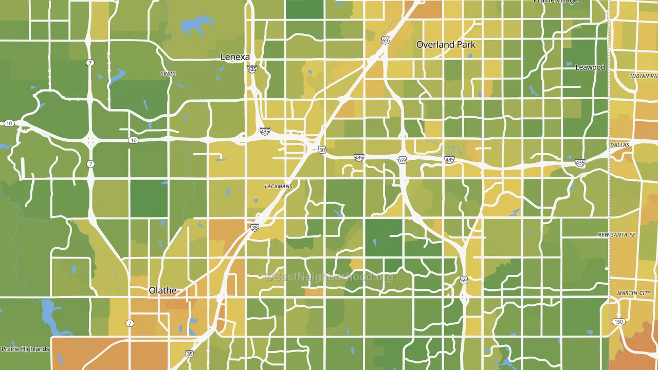 Map of the best neighborhoods in the Johnson County area, with better matches in green and worse matches in red