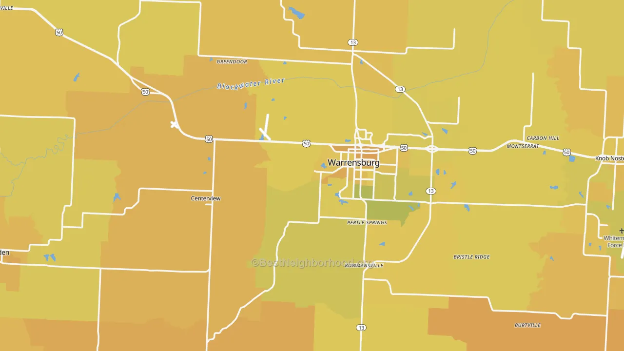 Map of the best neighborhoods in the Johnson County area, with better matches in green and worse matches in red