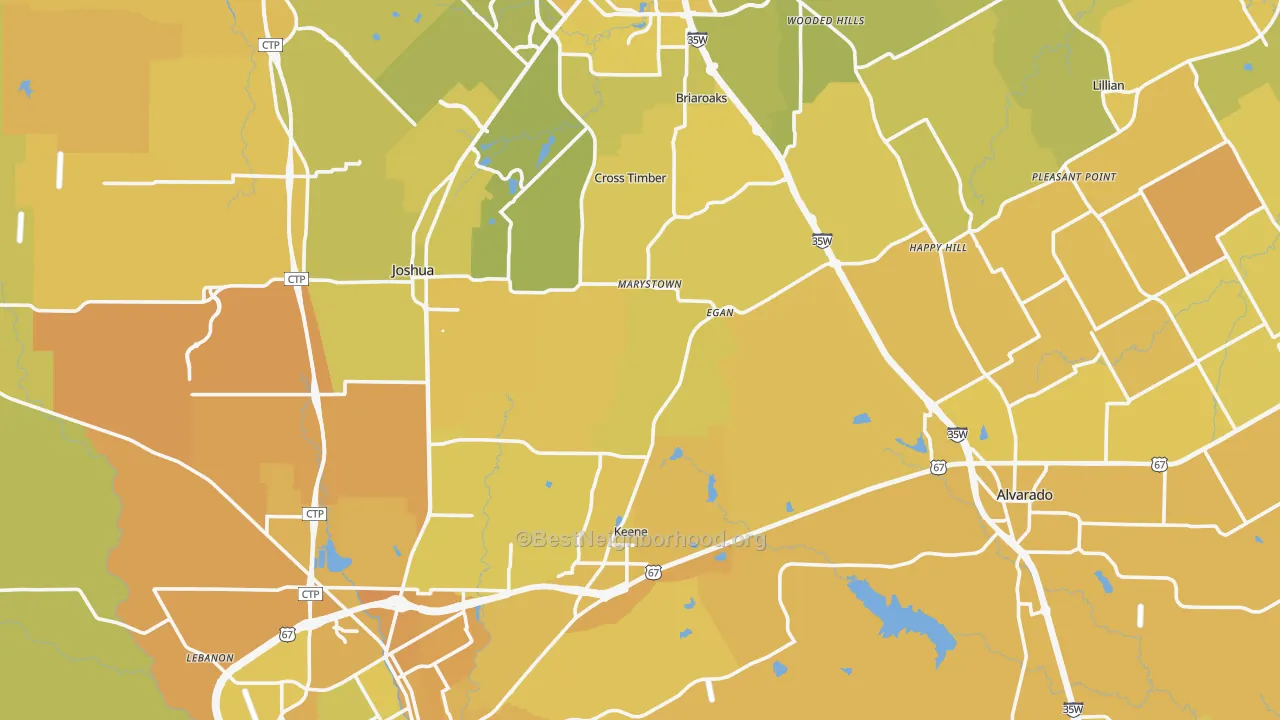 Map of the best neighborhoods in the Johnson County area, with better matches in green and worse matches in red