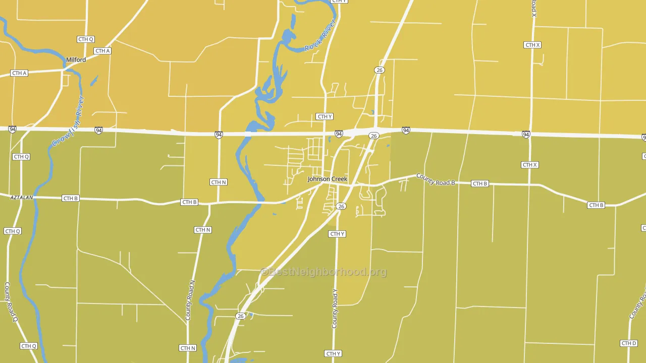 Map of the best neighborhoods in the Johnson Creek area, with better matches in green and worse matches in red
