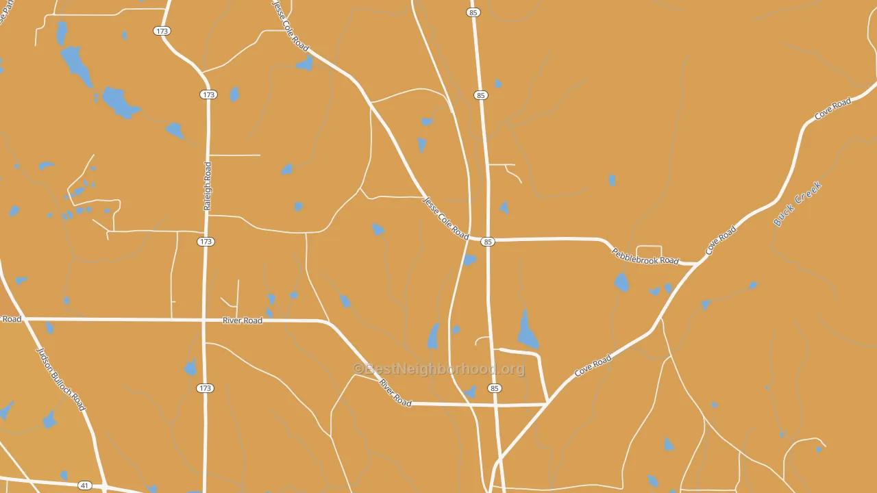 Map of the best neighborhoods in the Johnson Crossroads area, with better matches in green and worse matches in red