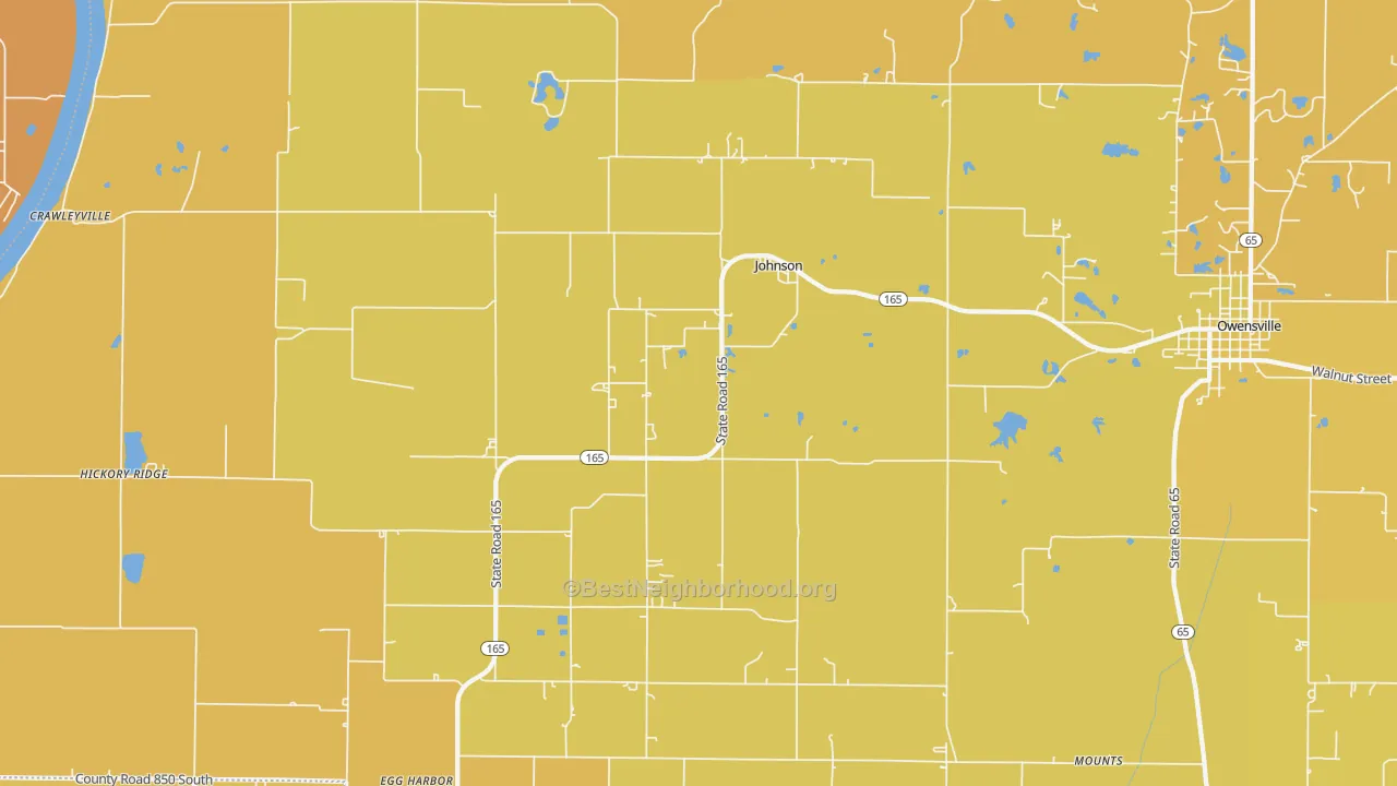 Map of the best neighborhoods in the Johnson area, with better matches in green and worse matches in red