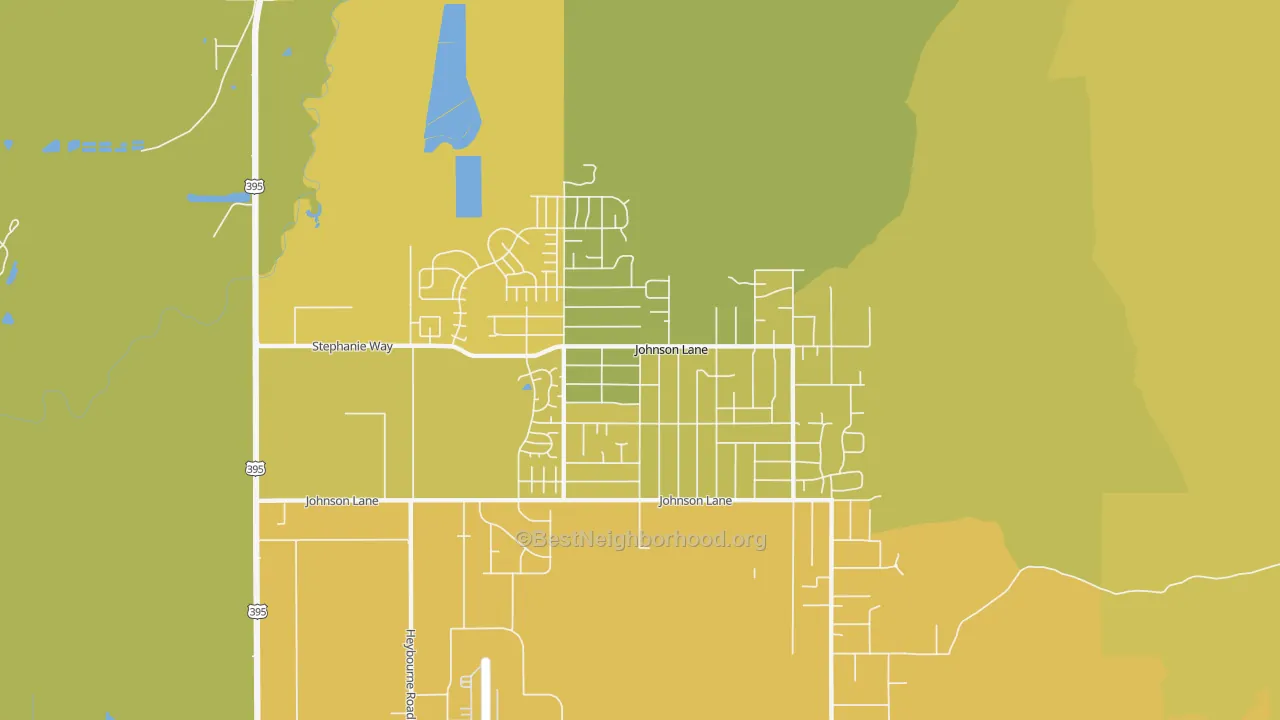 Map of the best neighborhoods in the Johnson Lane area, with better matches in green and worse matches in red