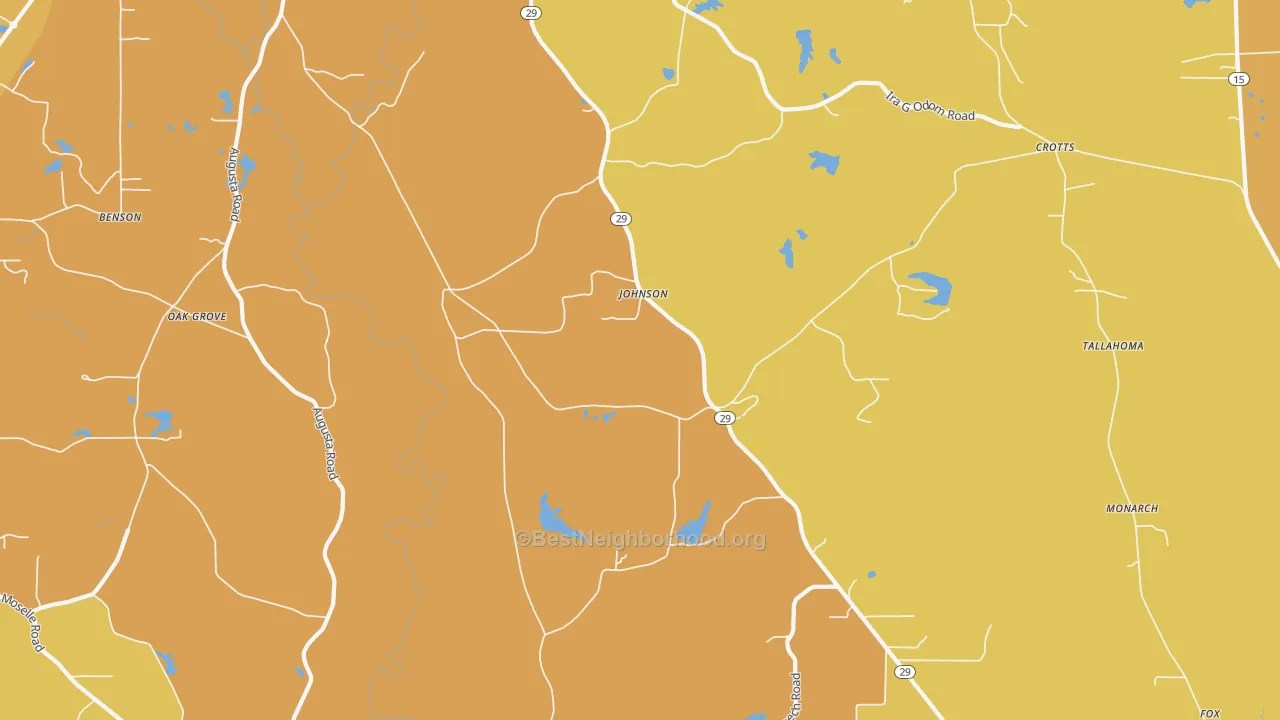 Map of the best neighborhoods in the Johnson area, with better matches in green and worse matches in red