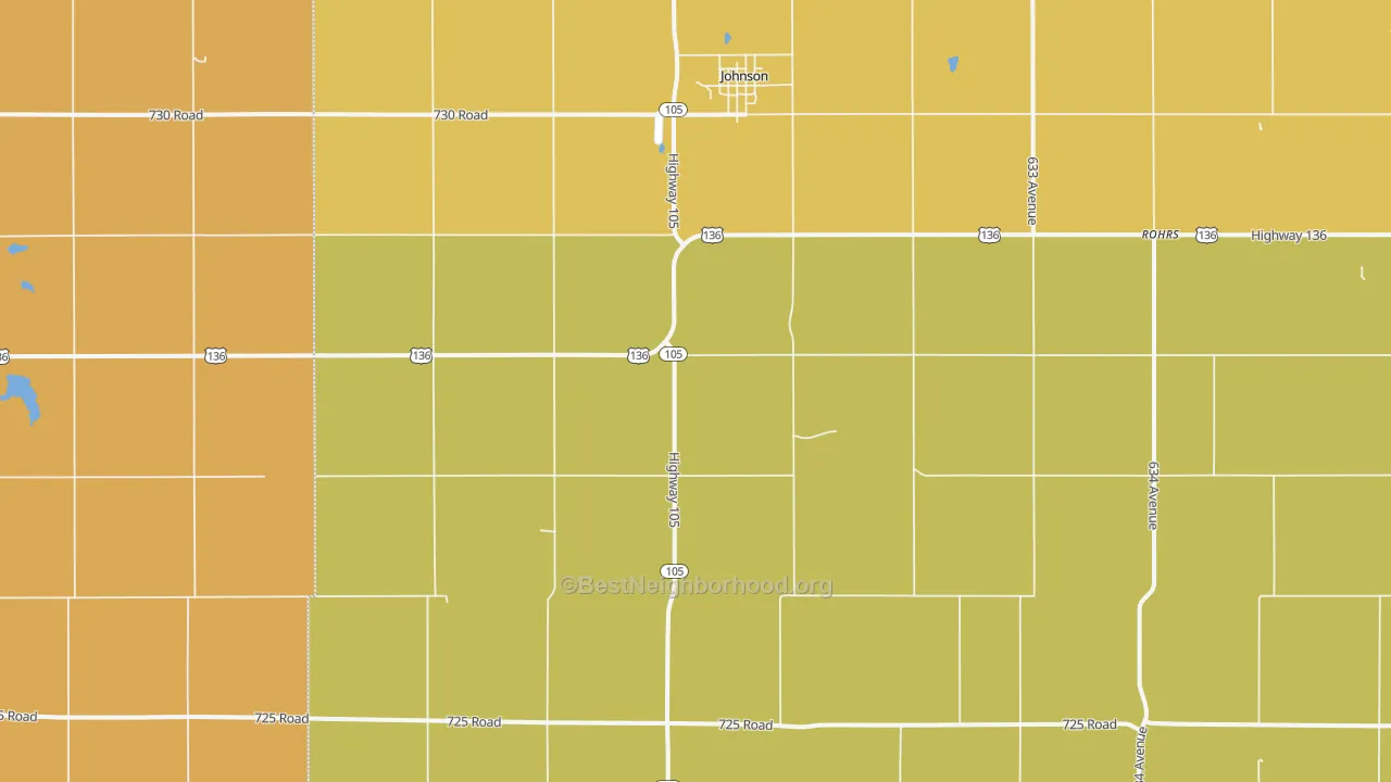 Map of the best neighborhoods in the Johnson area, with better matches in green and worse matches in red