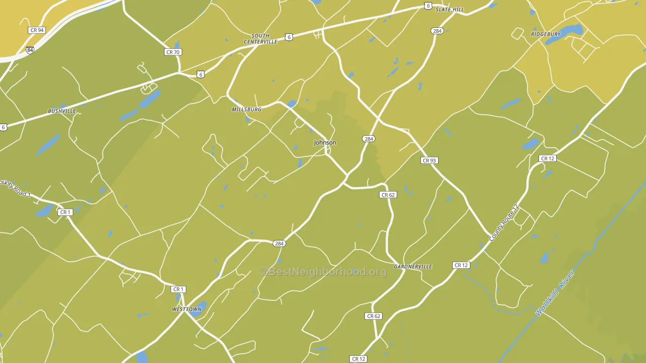Map of the best neighborhoods in the Johnson area, with better matches in green and worse matches in red