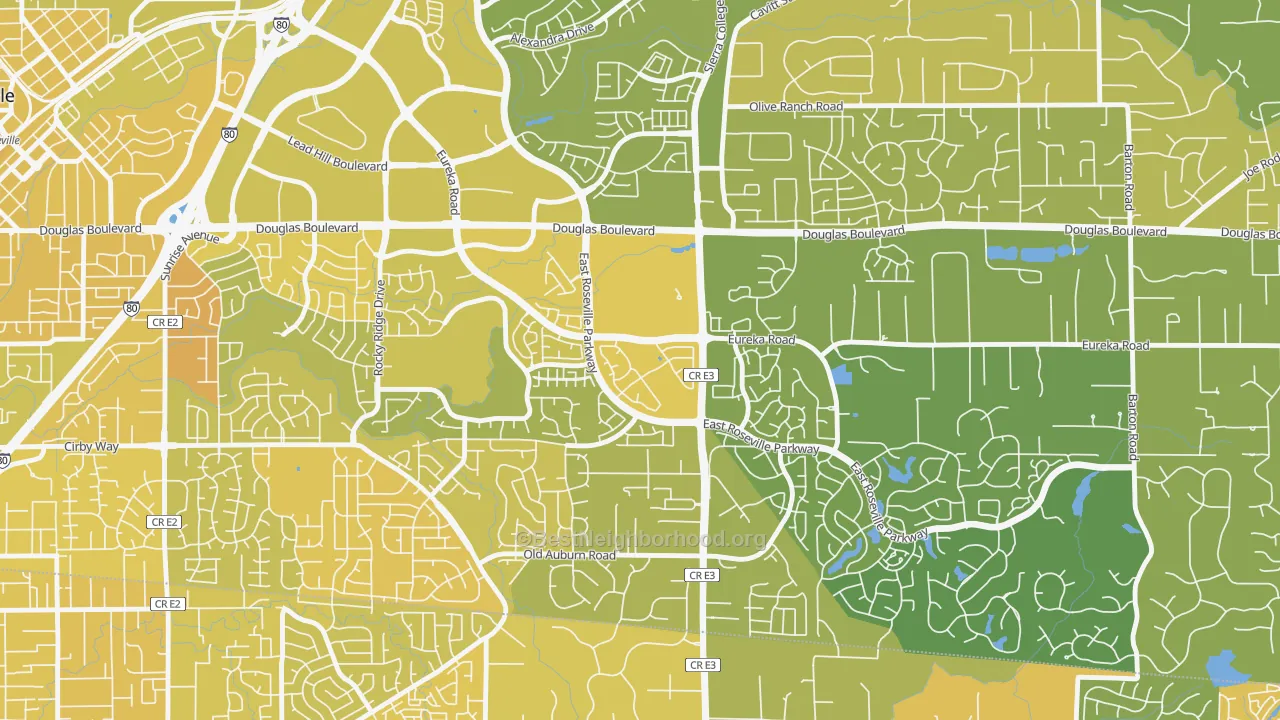 Map of the best neighborhoods in the Johnson Ranch, Roseville area, with better matches in green and worse matches in red
