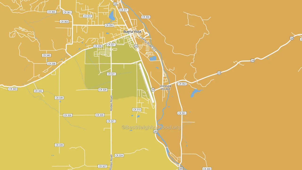 Map of the best neighborhoods in the Johnson Village area, with better matches in green and worse matches in red