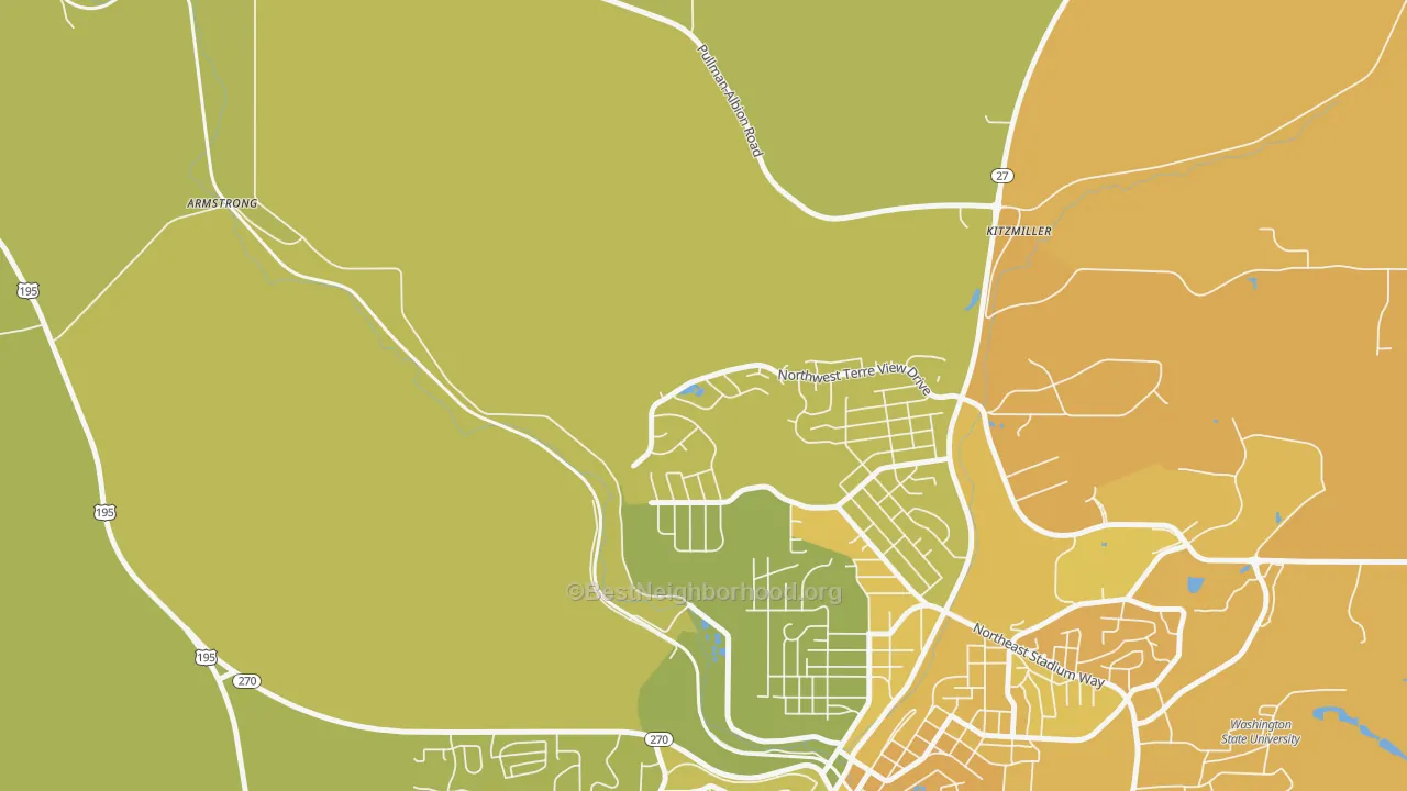 Map of the best neighborhoods in the Johnson area, with better matches in green and worse matches in red