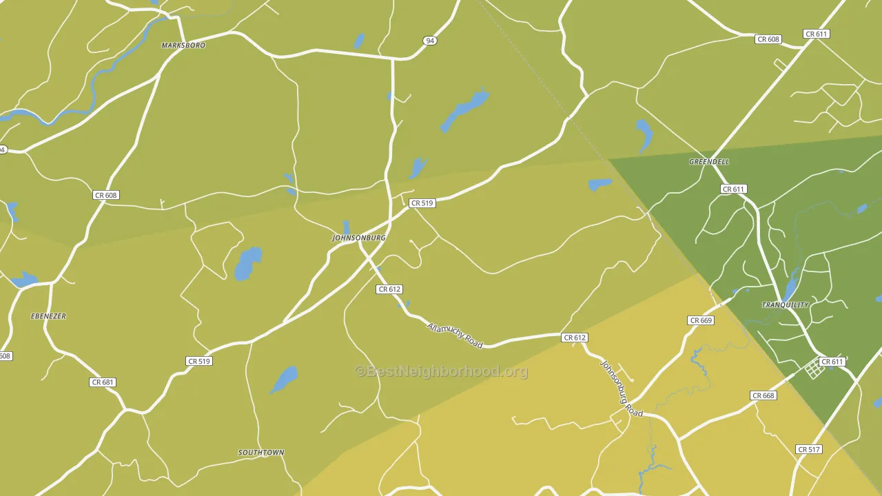 Map of the best neighborhoods in the Johnsonburg area, with better matches in green and worse matches in red