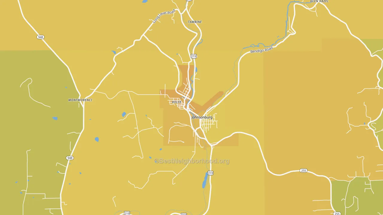 Map of the best neighborhoods in the Johnsonburg area, with better matches in green and worse matches in red