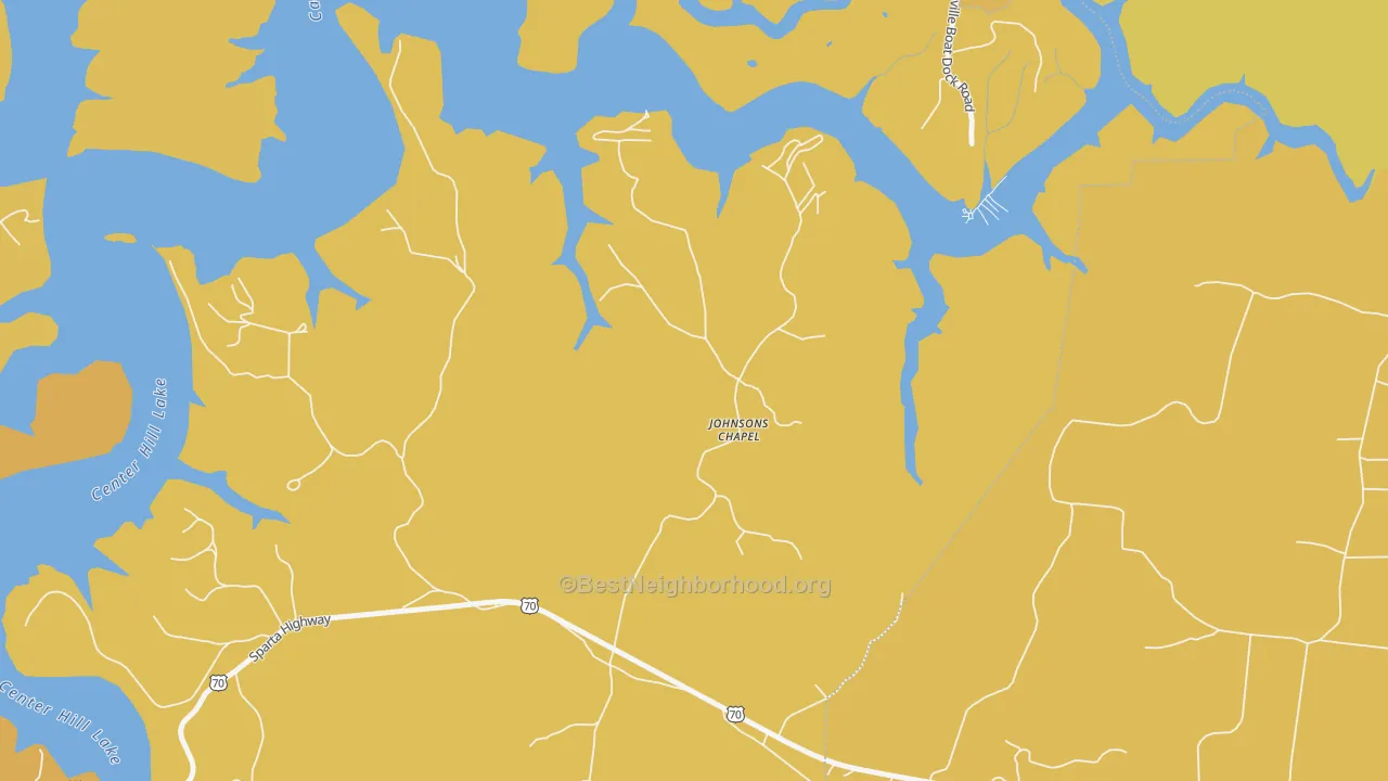 Map of the best neighborhoods in the Johnsons Chapel area, with better matches in green and worse matches in red