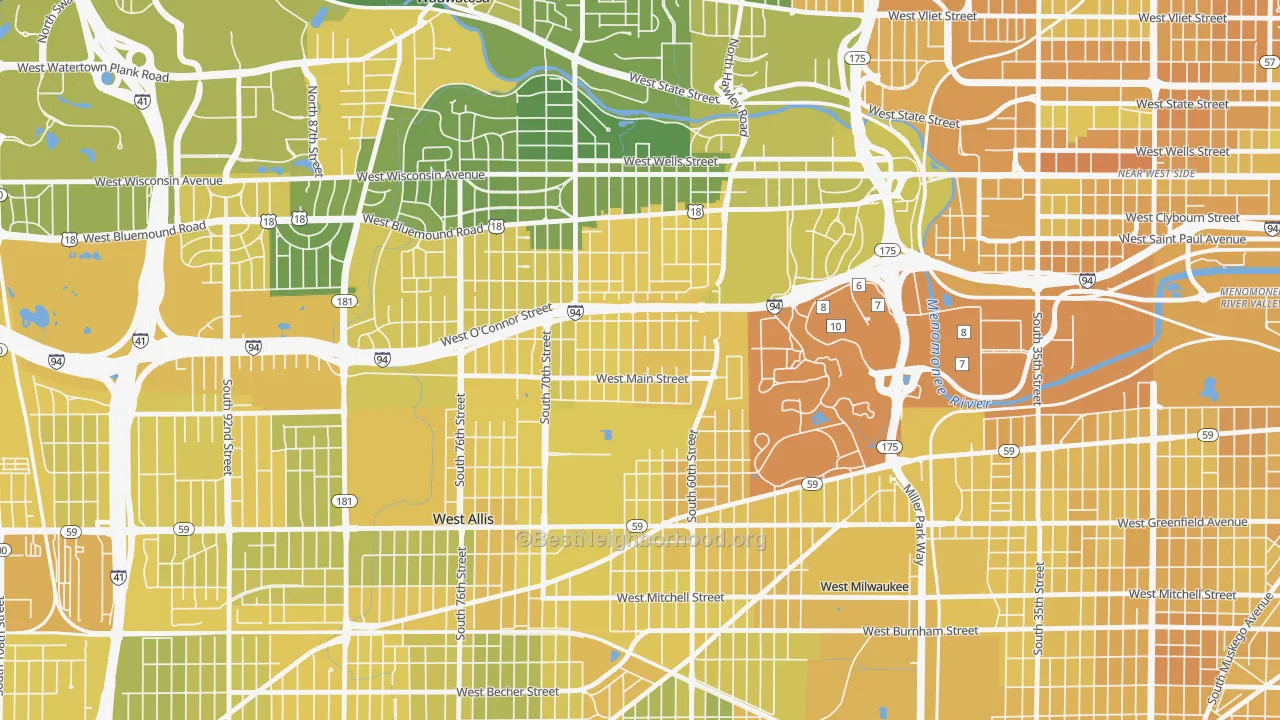 Map of the best neighborhoods in the Johnson's Woods, Milwaukee area, with better matches in green and worse matches in red
