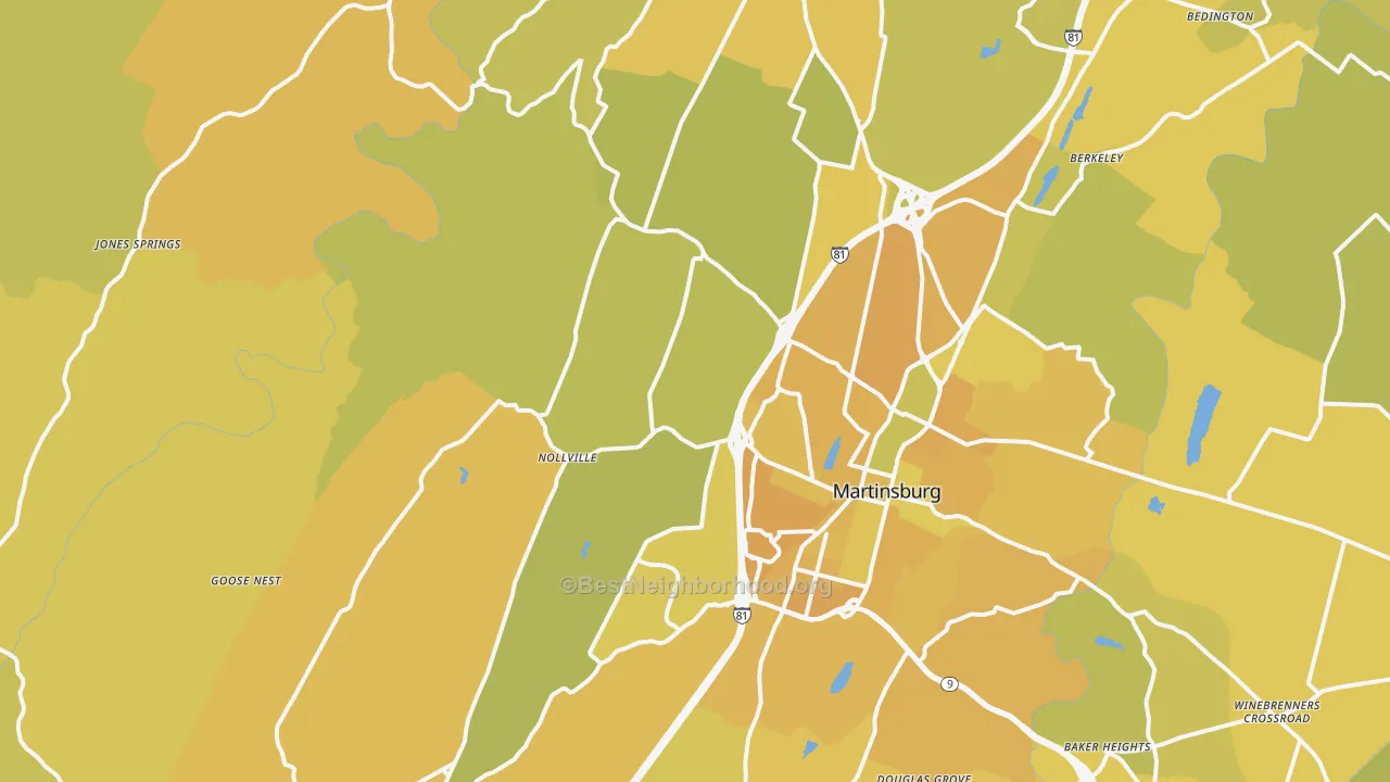 Map of the best neighborhoods in the Johnsontown area, with better matches in green and worse matches in red