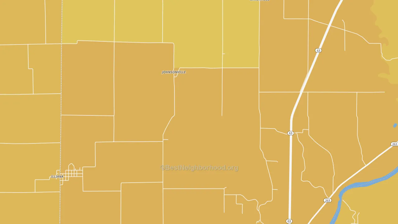 Map of the best neighborhoods in the Johnsonville area, with better matches in green and worse matches in red