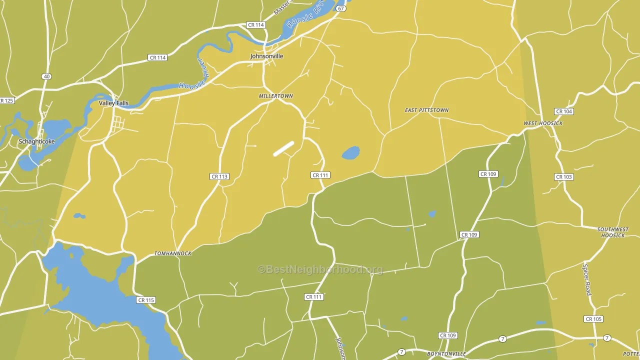 Map of the best neighborhoods in the Johnsonville area, with better matches in green and worse matches in red