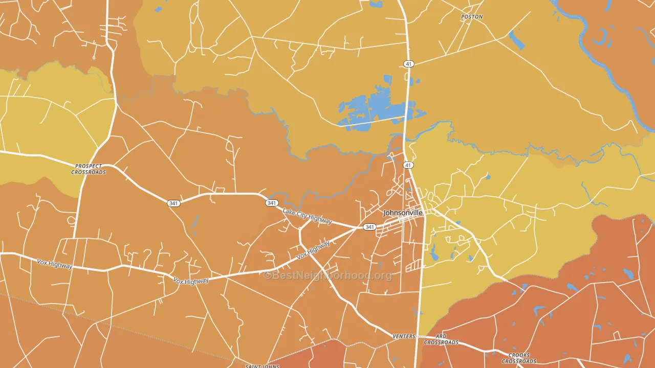 Map of the best neighborhoods in the Johnsonville area, with better matches in green and worse matches in red
