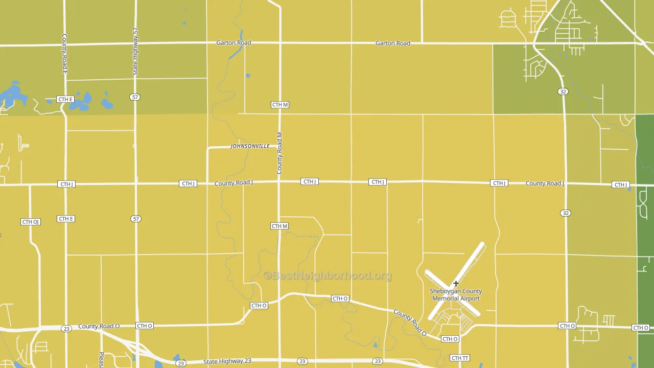 Map of the best neighborhoods in the Johnsonville area, with better matches in green and worse matches in red
