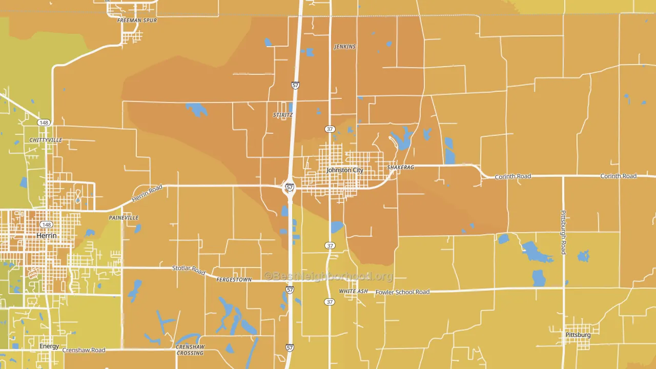 Map of the best neighborhoods in the Johnston City area, with better matches in green and worse matches in red