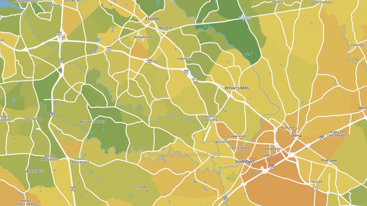 Map of the best neighborhoods in the Johnston County area, with better matches in green and worse matches in red