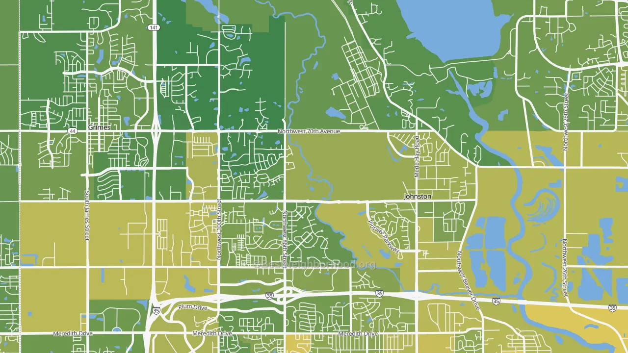 Map of the best neighborhoods in the Johnston area, with better matches in green and worse matches in red