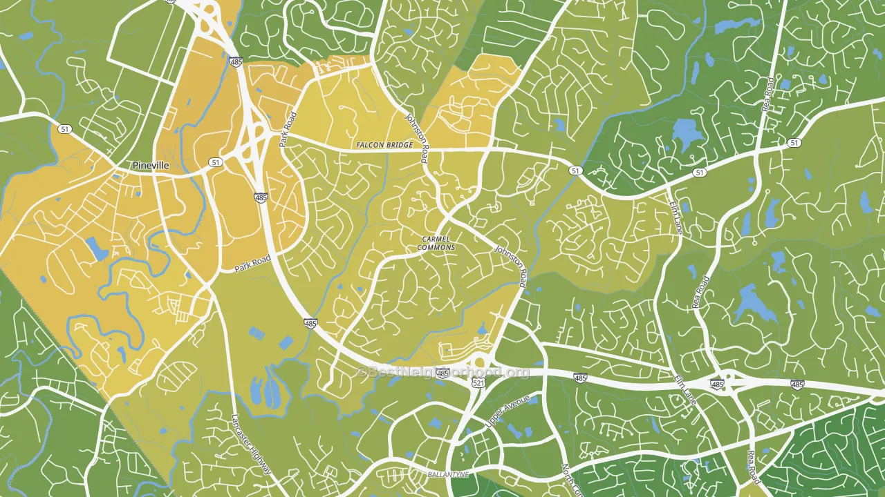 Map of the best neighborhoods in the Johnston-McAlpine, Charlotte area, with better matches in green and worse matches in red