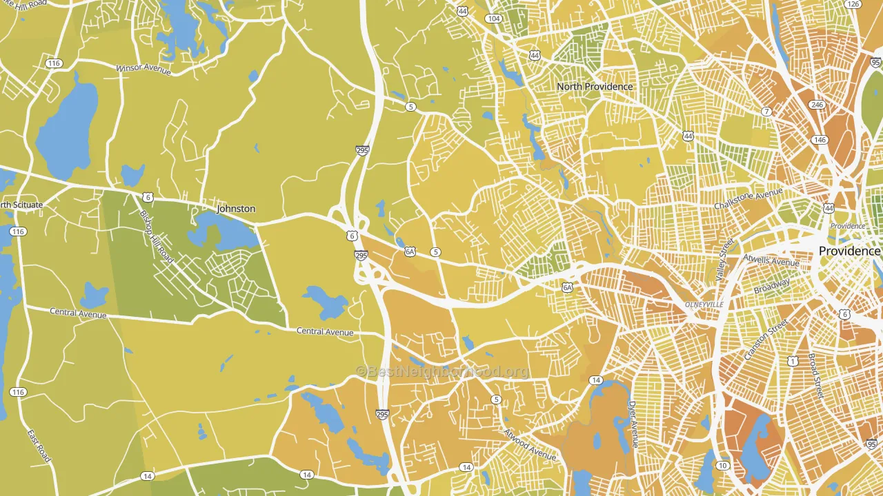 Map of the best neighborhoods in the Johnston area, with better matches in green and worse matches in red