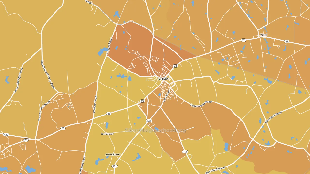 Map of the best neighborhoods in the Johnston area, with better matches in green and worse matches in red
