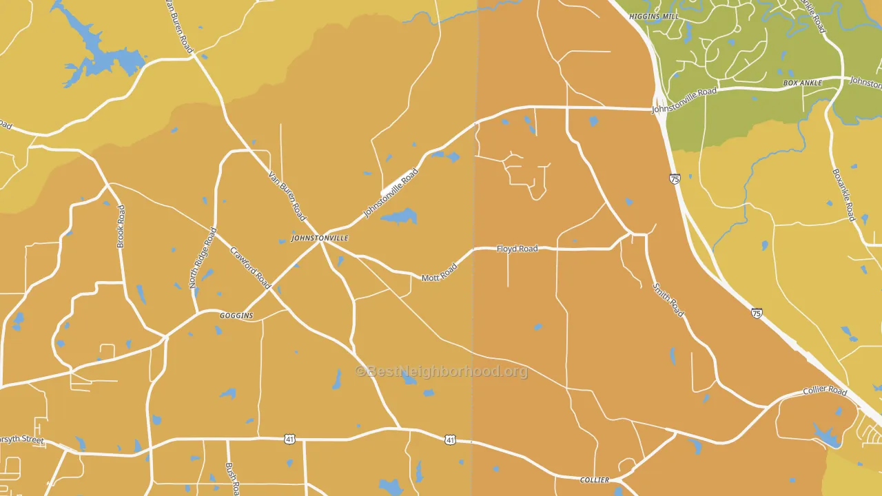 Map of the best neighborhoods in the Johnstonville area, with better matches in green and worse matches in red