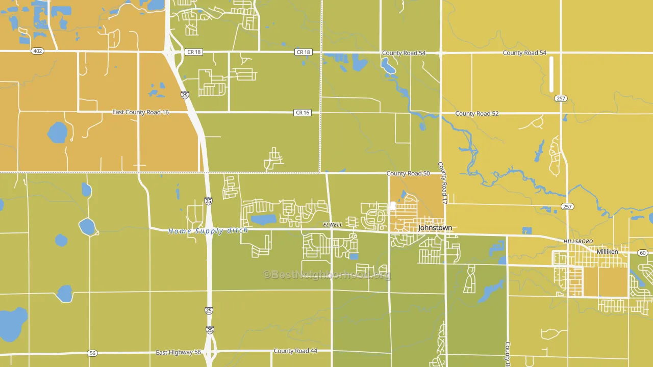 Map of the best neighborhoods in the Johnstown area, with better matches in green and worse matches in red
