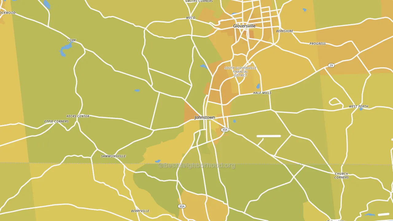 Map of the best neighborhoods in the Johnstown area, with better matches in green and worse matches in red