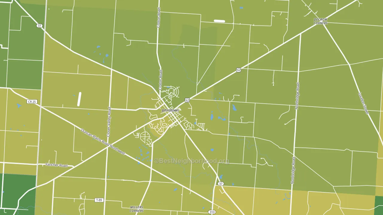 Map of the best neighborhoods in the Johnstown area, with better matches in green and worse matches in red