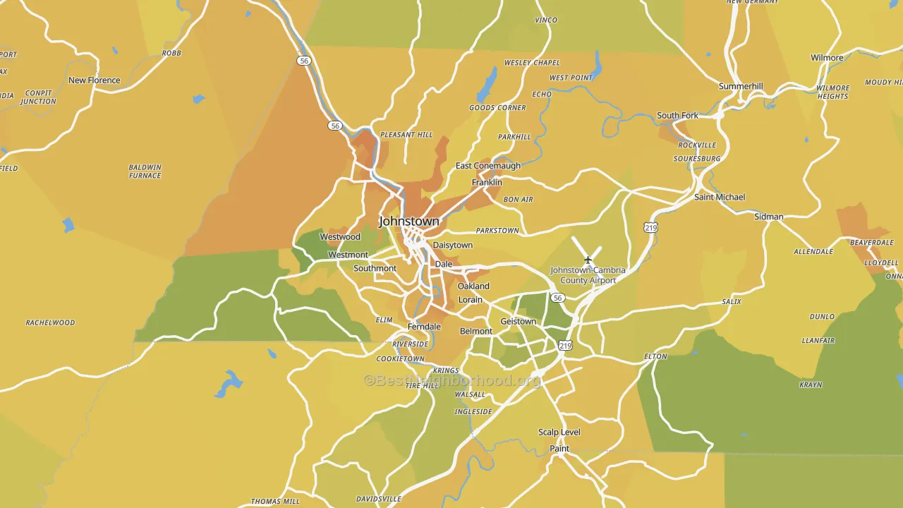 Map of the best neighborhoods in the Johnstown Metro area, with better matches in green and worse matches in red