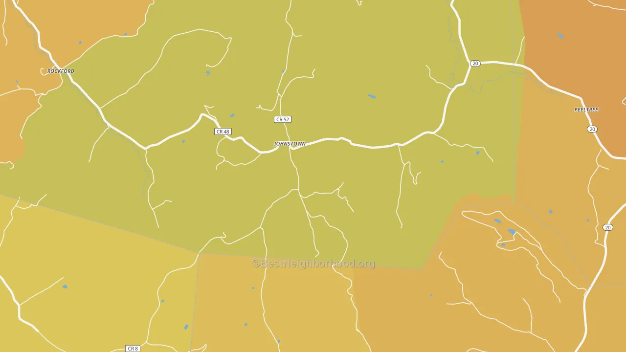 Map of the best neighborhoods in the Johnstown area, with better matches in green and worse matches in red