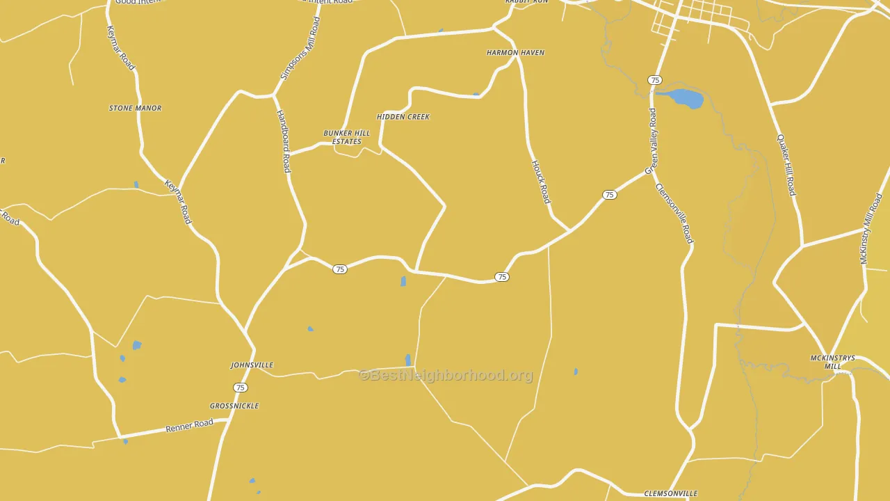 Map of the best neighborhoods in the Johnsville area, with better matches in green and worse matches in red