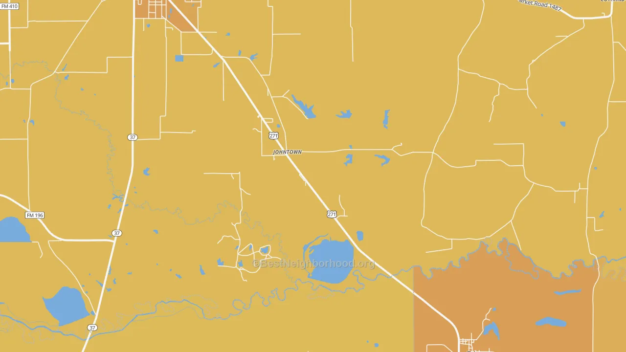 Map of the best neighborhoods in the Johntown area, with better matches in green and worse matches in red