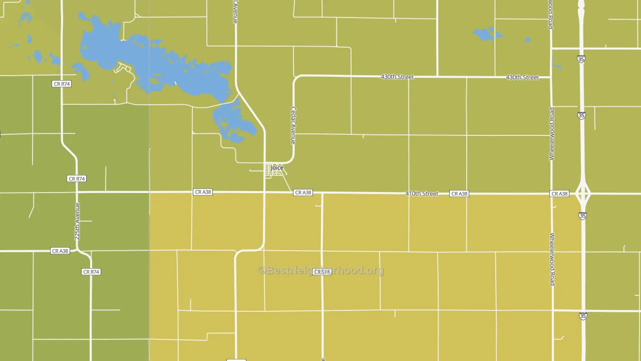Map of the best neighborhoods in the Joice area, with better matches in green and worse matches in red