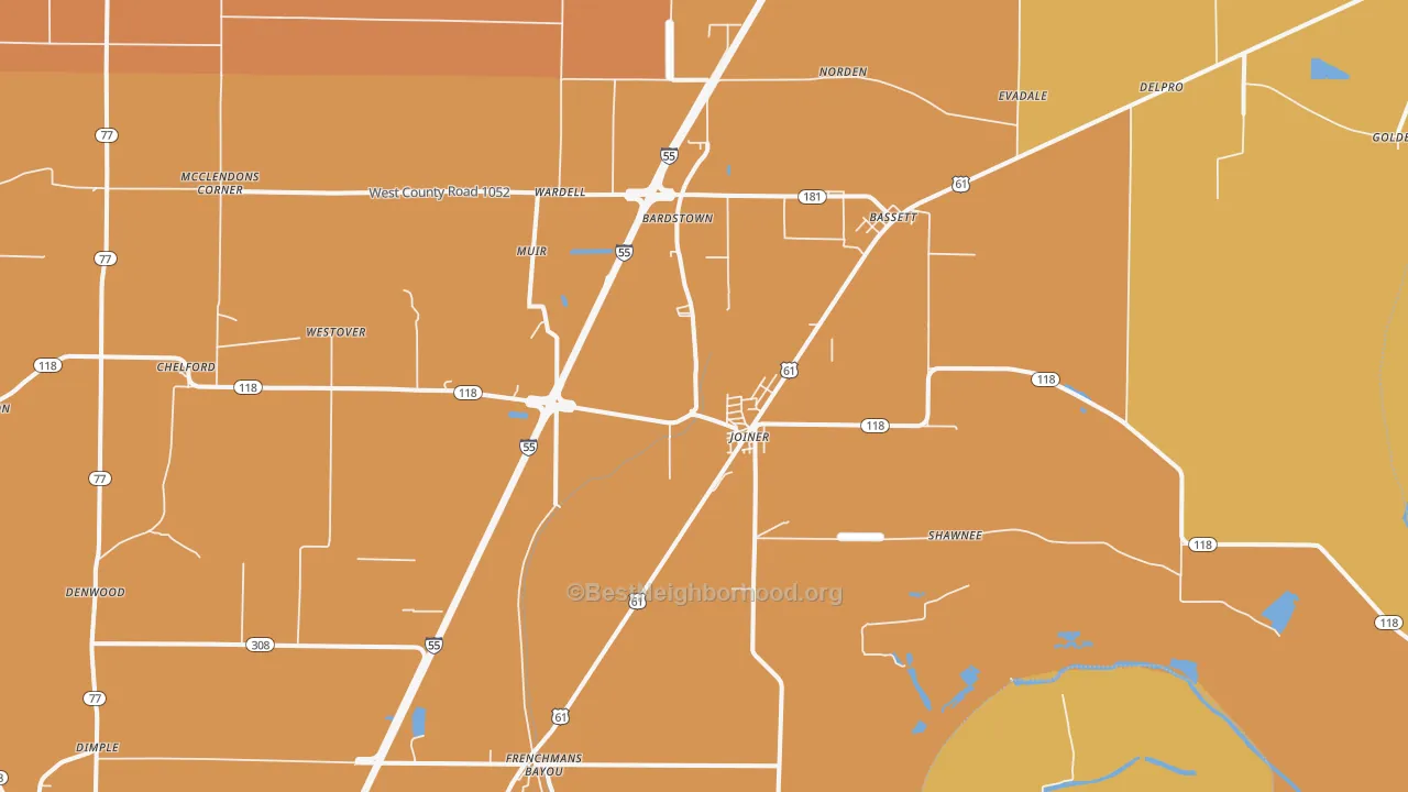 Map of the best neighborhoods in the Joiner area, with better matches in green and worse matches in red