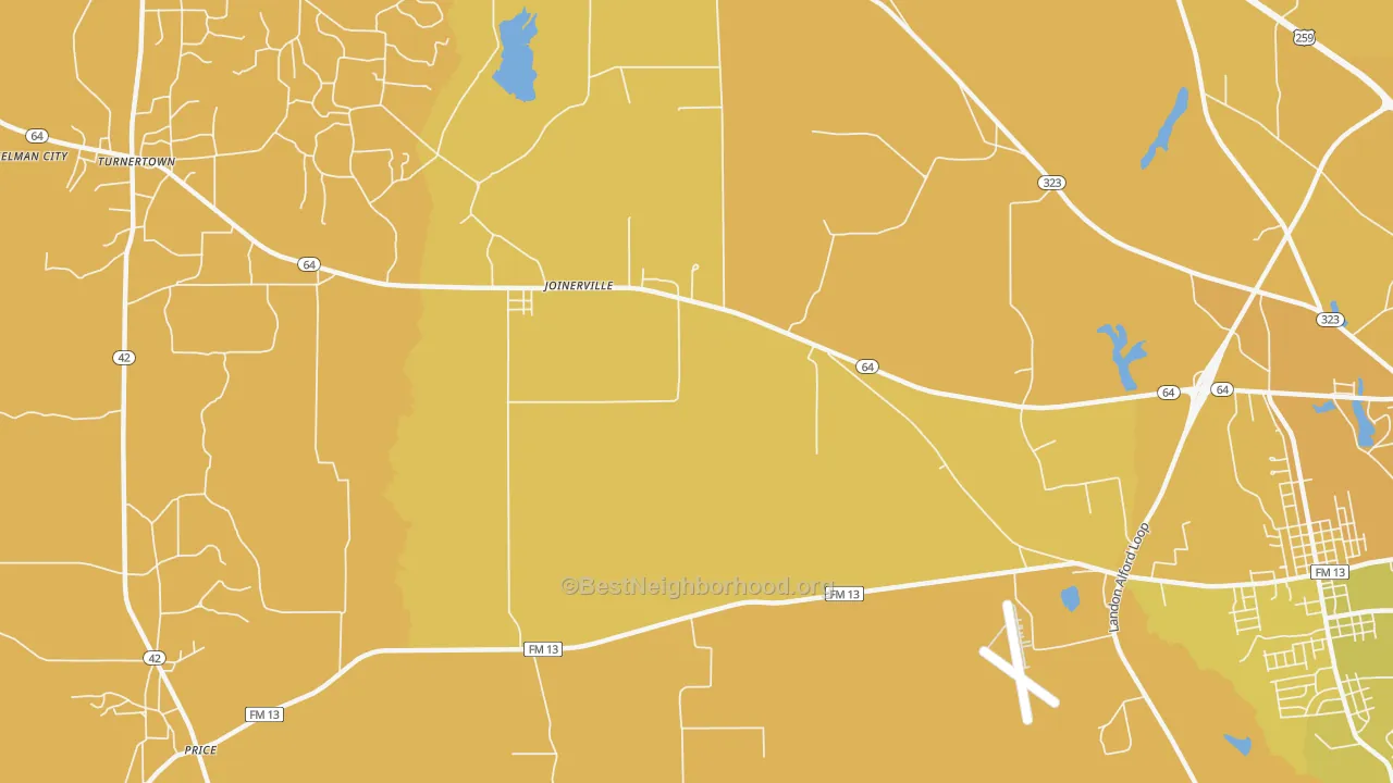 Map of the best neighborhoods in the Joinerville area, with better matches in green and worse matches in red