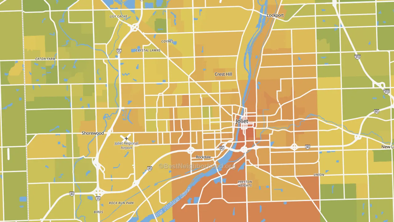 Map of the best neighborhoods in the Joliet area, with better matches in green and worse matches in red