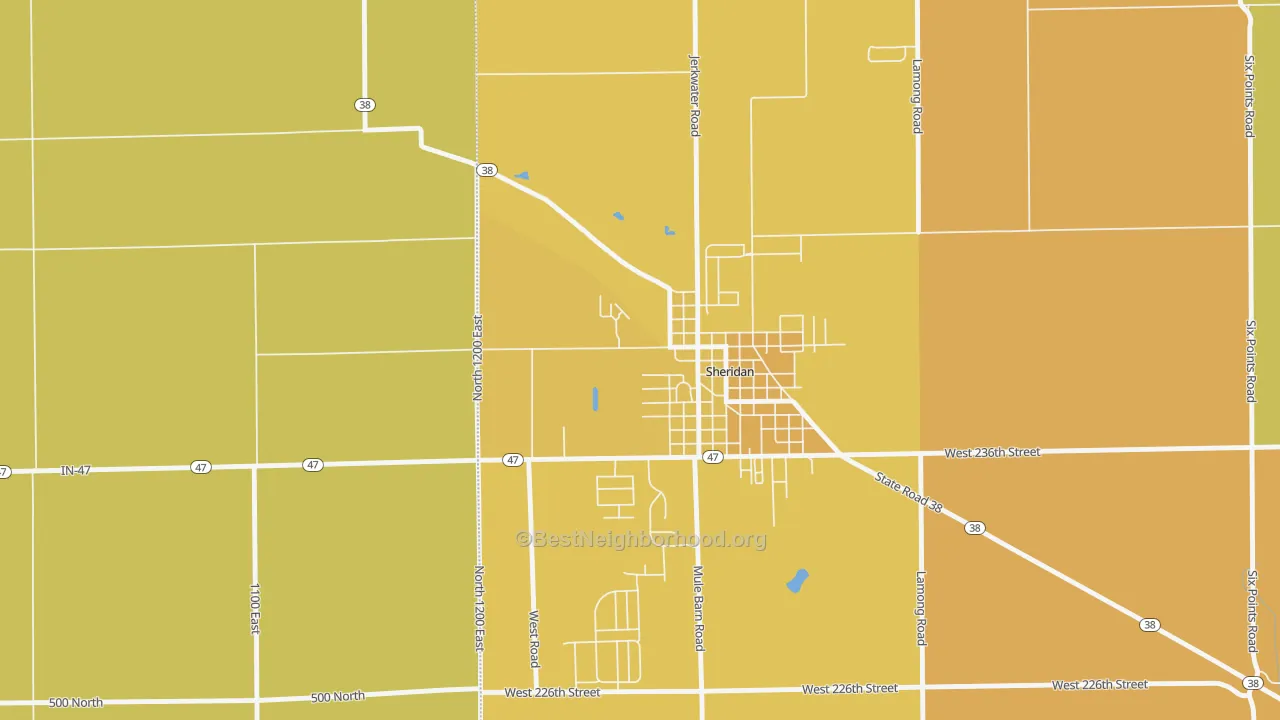 Map of the best neighborhoods in the Jolietville area, with better matches in green and worse matches in red