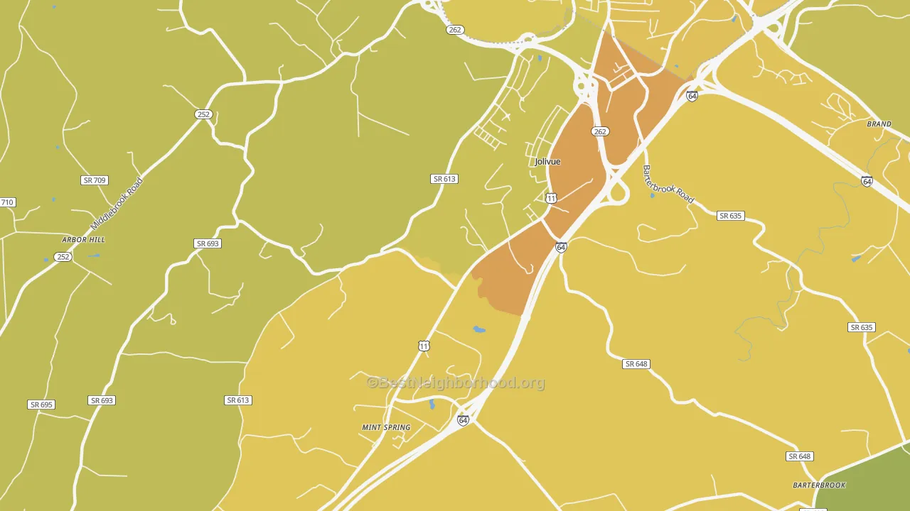 Map of the best neighborhoods in the Jolivue area, with better matches in green and worse matches in red