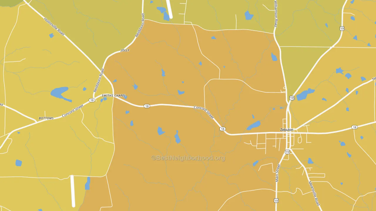 Map of the best neighborhoods in the Jolly area, with better matches in green and worse matches in red