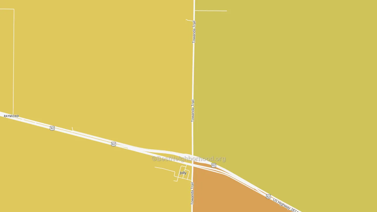 Map of the best neighborhoods in the Jolly area, with better matches in green and worse matches in red