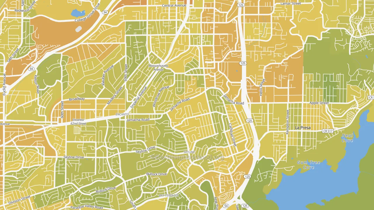 Map of the best neighborhoods in the Jomacha-Lomita, San Diego area, with better matches in green and worse matches in red
