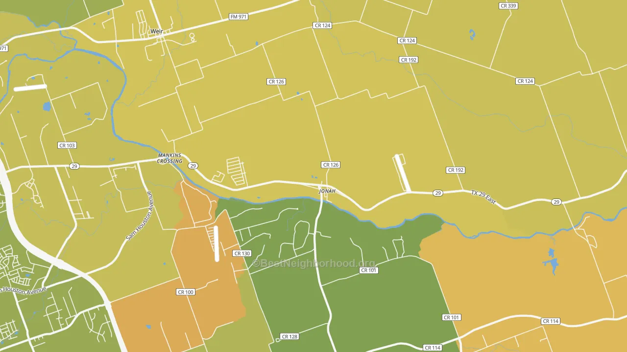 Map of the best neighborhoods in the Jonah area, with better matches in green and worse matches in red