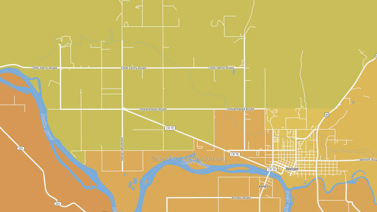 Map of the best neighborhoods in the Jonathan area, with better matches in green and worse matches in red